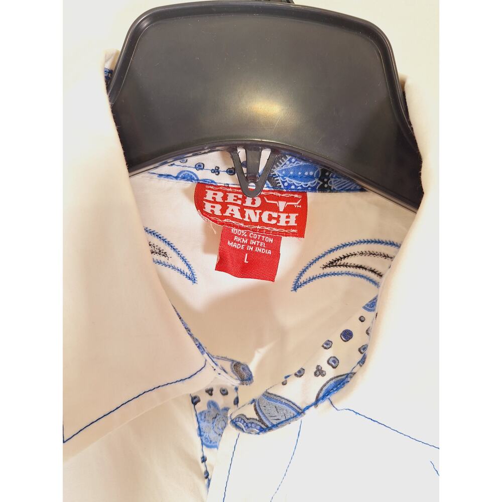 Red Ranch Men's White Blue Embroidered Snap Button-Up Long-Sleeved Shirt - Picture 4 of 4
